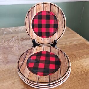 White River Home Plates 8 Inch Lumberjack Bear Wood Grain Red Plaid Bass Pro 4pc